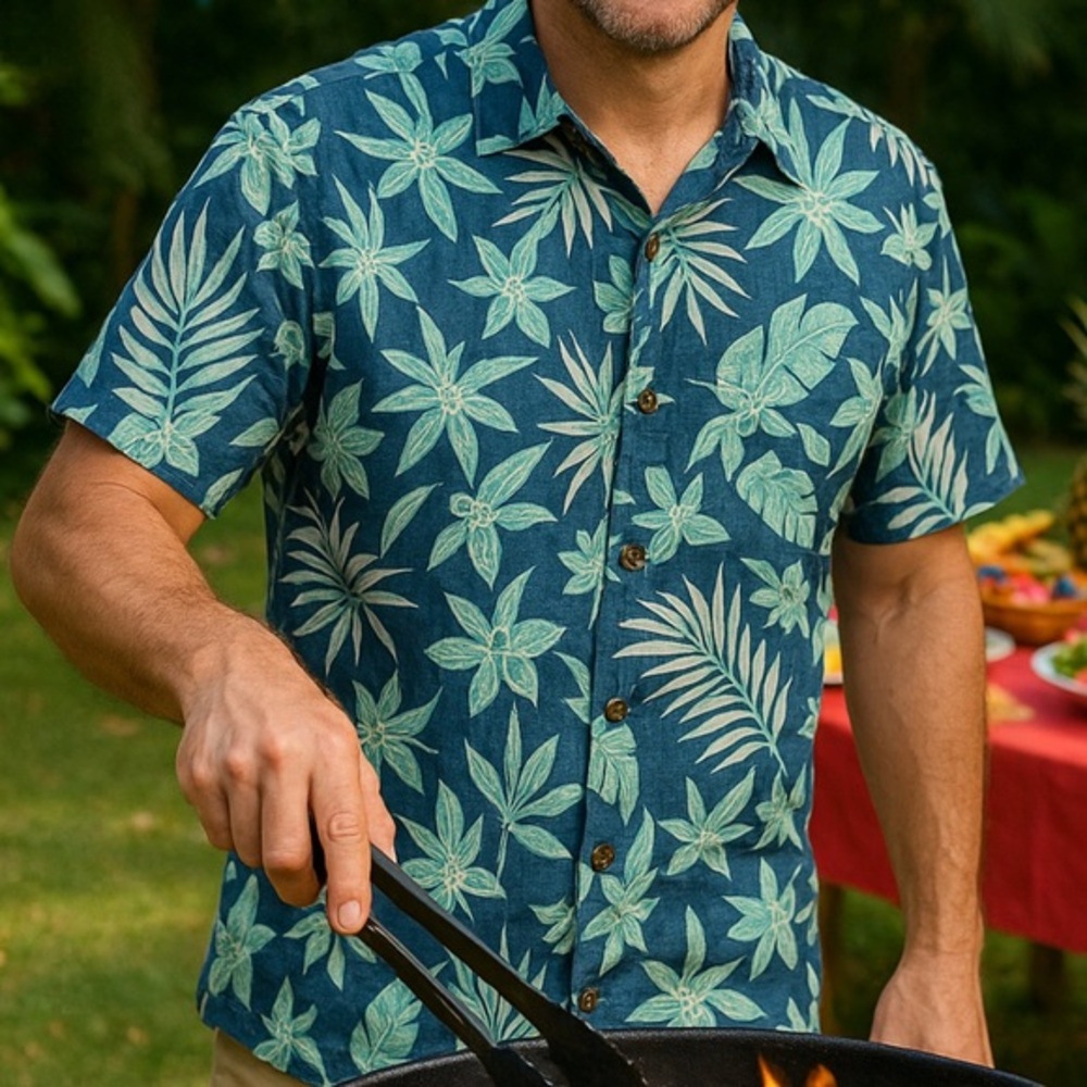 vintage Hawaiian Palm short sleeve button-down shirt blue men medium cotton - Picture 2 of 7